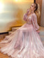 Elegant Pink Long Sleeve A-Line Long Prom Dress Ideas, Evening Party Dresses, WGP1993