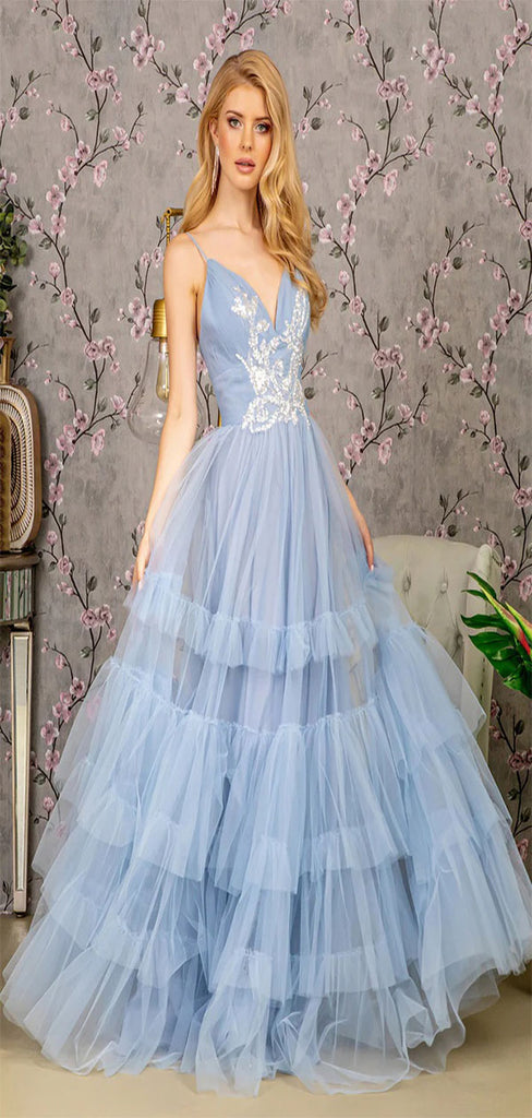 Elegant A-Line V-Neck Spaghetti Straps Appliques Ruffles Long Formal Prom Dresses,Evening Gowns,WGP336