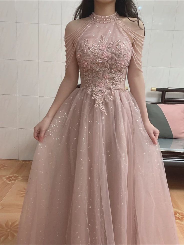 Sparkly Applique Pink Halter A-Line Long Prom Dress Ideas, Evening Party Dresses,WGP1917
