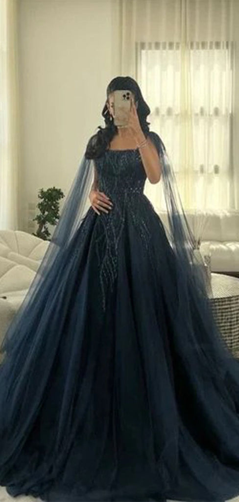 Elegant Navy Blue Spaghetti Strap A-Line Long Prom Dress Ideas, Evening Party Dresses,WGP1918