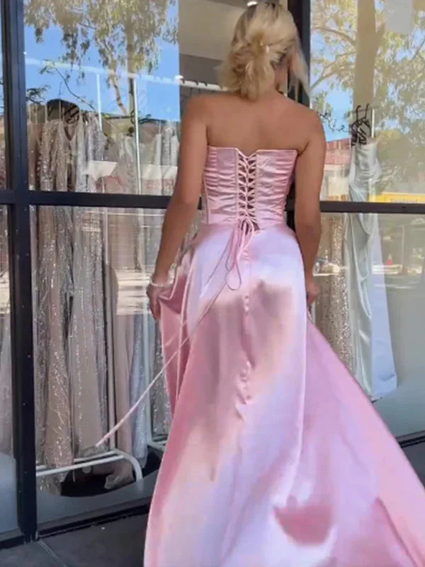 Fancy Pink Corset A-Line Satin Prom Dress with Beaded Bodice,WGP2102