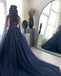 Elegant Navy Blue Spaghetti Strap A-Line Long Prom Dress Ideas, Evening Party Dresses,WGP1918
