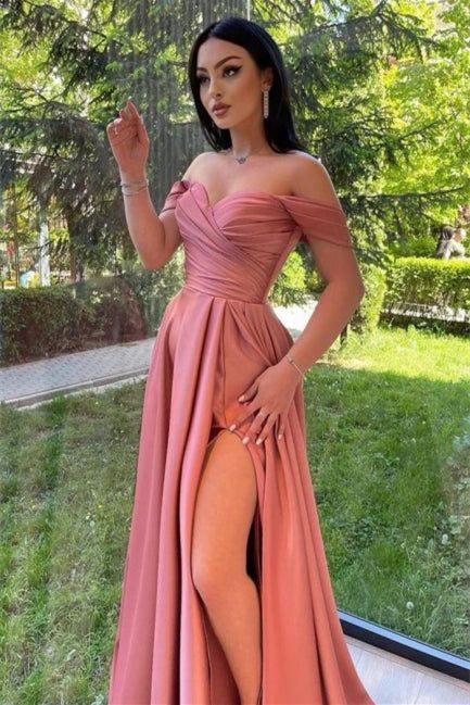 Elegant Pink Off-Shoulder A-Line Long Prom Dress Ideas, Evening Party Dresses, WGP1994