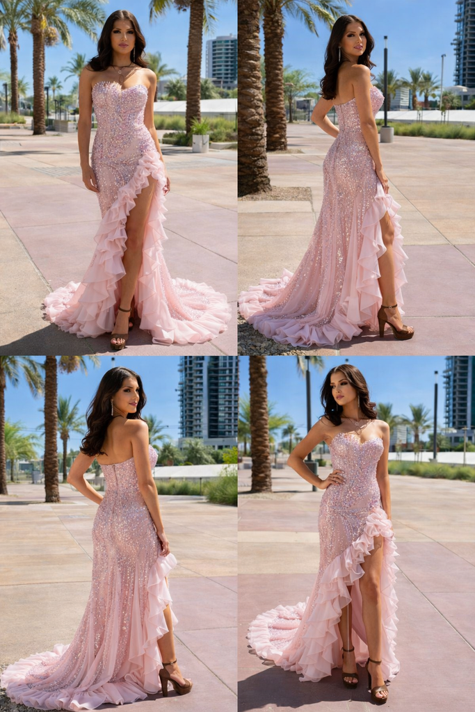 Unique Pink Sequin Strapless Prom Gown High Slit Ruffle Mermaid Formal Dress,WGP2180