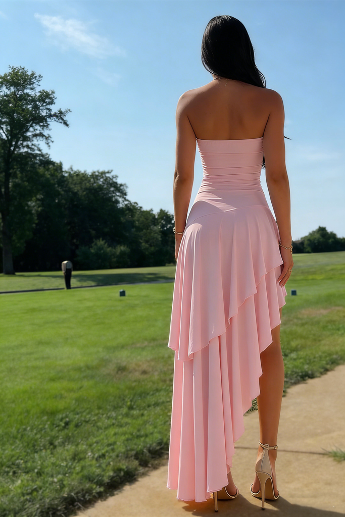 Pink Strapless High Low Prom Dress Unique Ruffle Chiffon Party Formal Dresses,WGP2073