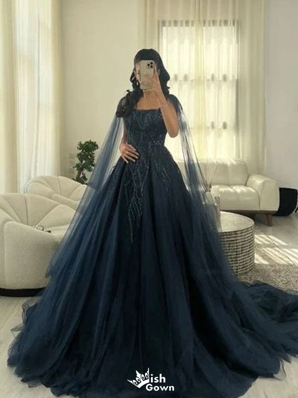 Elegant Navy Blue Spaghetti Strap A-Line Long Prom Dress Ideas, Evening Party Dresses,WGP1918