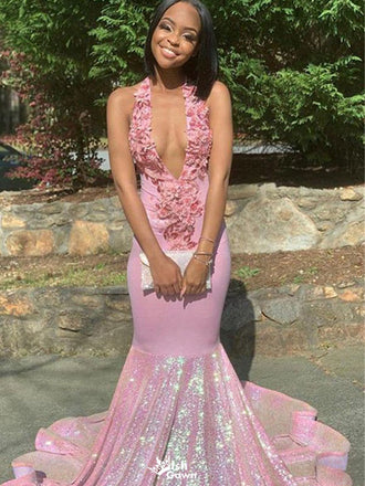 Sexy Floral Pink V-Neck Mermaid Long Prom Dress Ideas, Evening Party Dresses,WGP1906