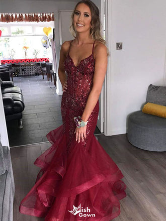 Popular Red Spaghetti Strap Mermaid Long Prom Dress Ideas, Evening Party Dresses,WGP1982