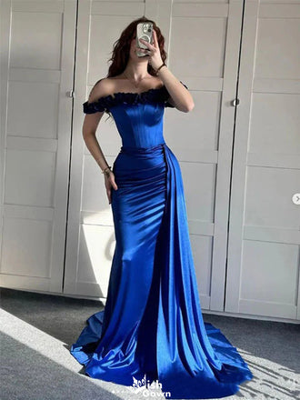 Floral Navy Blue Off-Shoulder Mermaid Long Prom Dress Ideas, Evening Party Dresses,WGP1936