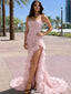 Unique Pink Sequin Strapless Prom Gown High Slit Ruffle Mermaid Formal Dress,WGP2180