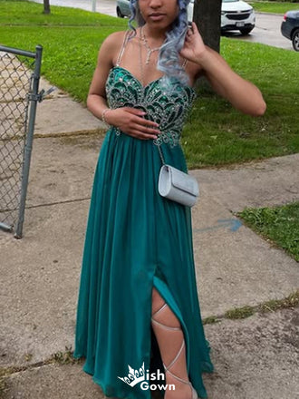 Elegant Spaghetti Strap A-line Long Prom Dress Ideas, Evening Party Dresses,WGP1642