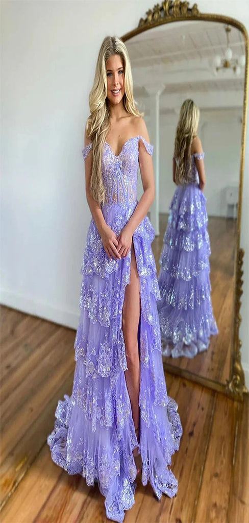 Gorgeous A-Line Sweetheart Off Shoulder Side Slit Sequins Appliques Long Formal Prom Dresses,Evening Gowns,WGP337