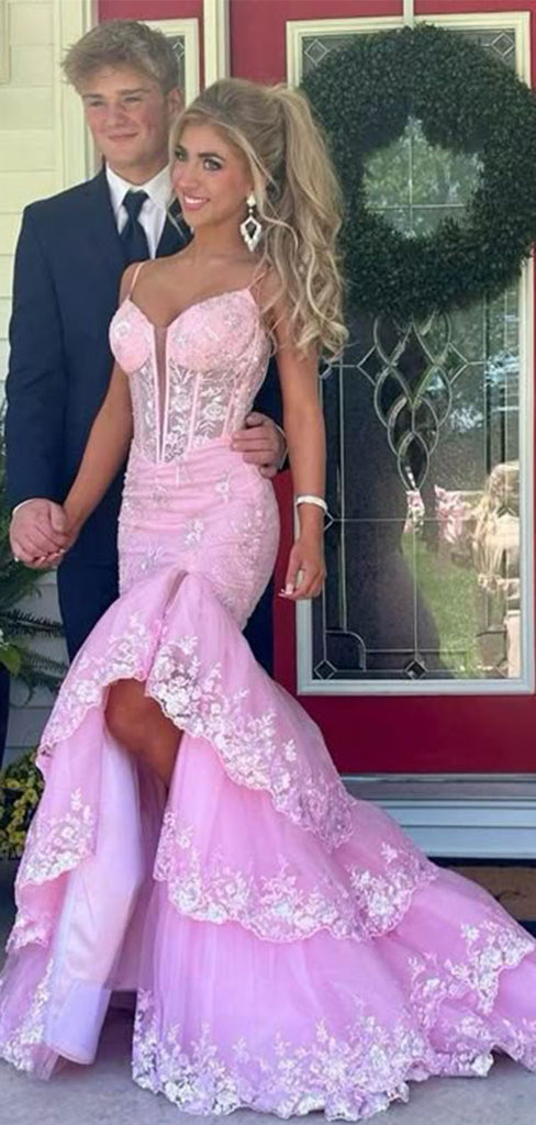 Elegant Applique Pink Spaghetti Strap Mermaid Long Prom Dress Ideas, Evening Party Dresses,WGP1983