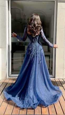 Unique Navy Blue Long Sleeve A-Line Long Prom Dress Ideas, Evening Party Dresses,WGP1919