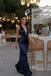 Chic Navy Blue Silk Mermaid Prom Gown Deep V-Neck Sleeveless Formal Gala Dress,WGP2206
