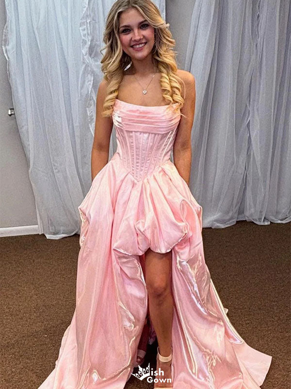 Modern Pink Taffeta High-Low Prom Dress Corset Bodice Pleated Party Gown,WGP2144