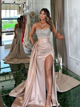 Sexy Pink Sweetheart Sleeveless Mermaid Side Slit Long Prom Dress Ideas, Evening Party Dresses , WGP1902