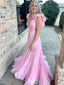 Unique Floral Applique Pink Prom Dress Ruched Bodice Flowy A-Line Evening Gown,WGP2172