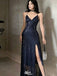 Sexy Navy Blue V-Neck Sequin Prom Gown Sparkling Sleeveless Sheath Dress with Slit,WGP2157