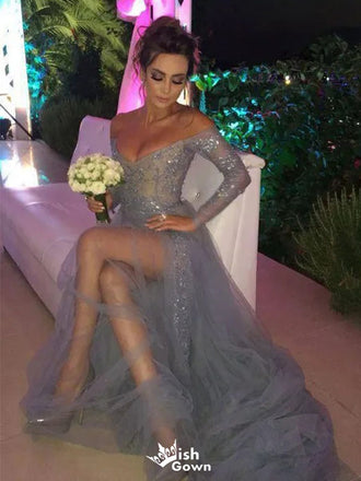 Sexy Gray V-Neck Long Sleeve Mermaid Long Prom Dress Ideas, Evening Party Dresses,WGP1907