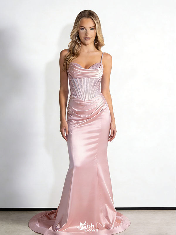 Sexy Satin Corset Prom Dress Sleeveless Cowl Neck Ruched Mermaid Evening Party Gown,WGP2057