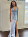 Sexy Baby Blue Spaghetti Strap Mermaid Side Slit Long Sleeveless Long Party Prom Dresses,Evening Dress Online, WGP768