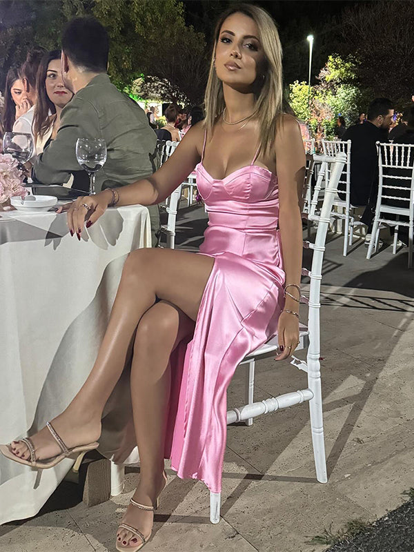 Sexy Pink Spaghetti Strap Mermaid Side Slit Long Sleeveless Long Party Prom Dresses,Evening Dress Online, WGP775