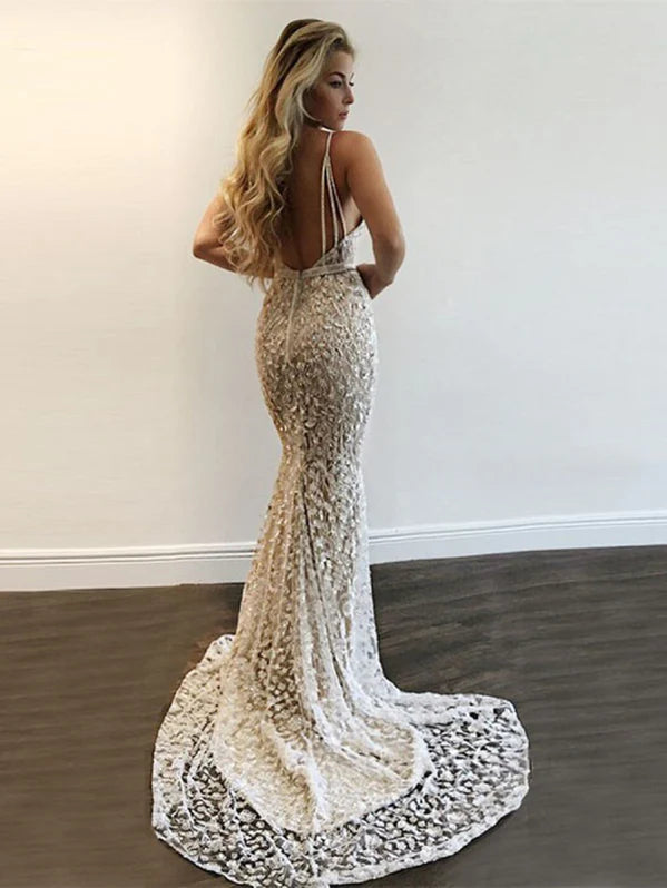 Sexy White V-Neck Mermaid Long Prom Dress Ideas, Evening Party Dresses,WGP1969