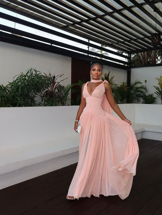 Popular Pink V-Neck A-Line Long Prom Dress Ideas, Evening Party Dresses,WGP1807