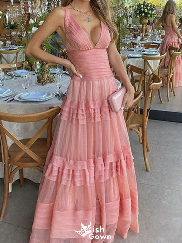 Elegant Pink V-Neck A-Line Long Prom Dress Ideas, Evening Party Dresses,WGP1849