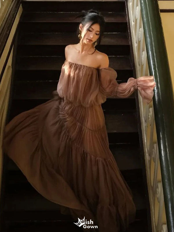 Elegant Brown Long Sleeve A-Line Long Prom Dress Ideas, Evening Party Dresses, WGP2024