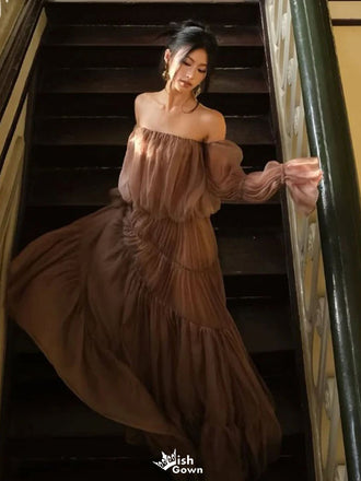 Elegant Brown Long Sleeve A-Line Long Prom Dress Ideas, Evening Party Dresses, WGP2024