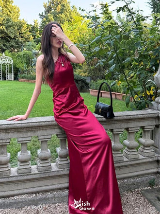 Elegant Silk Satin One Shoulder Prom Dress Sleeveless Slim Fit Floor Length Evening Gown,WGP2058