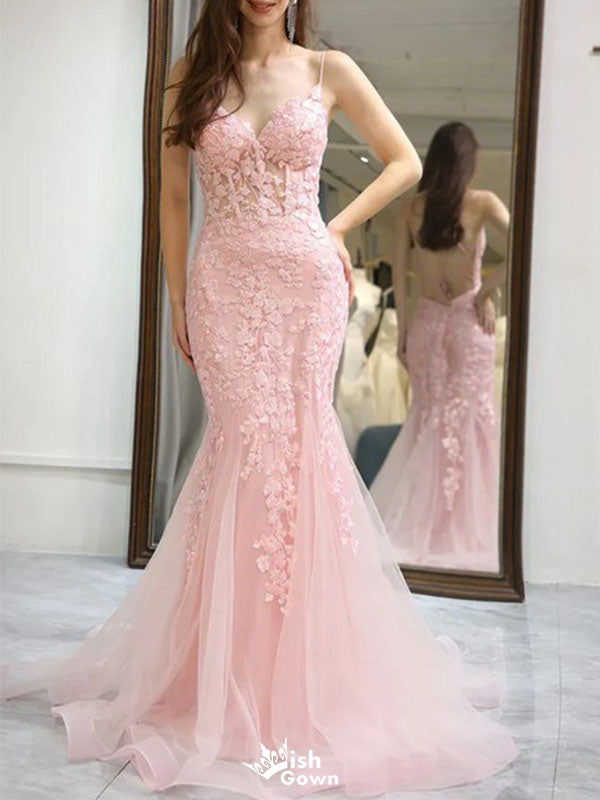 Beautiful Pink Floral Applique V-Neck Prom Dress Sheer Bodice Tulle Mermaid Gowns,WGP2181