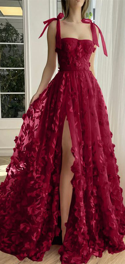 Elegant Red A-Line Square Side Slit Lace Evening Dresses, Formal Dresses, Birthday Party, WGP548