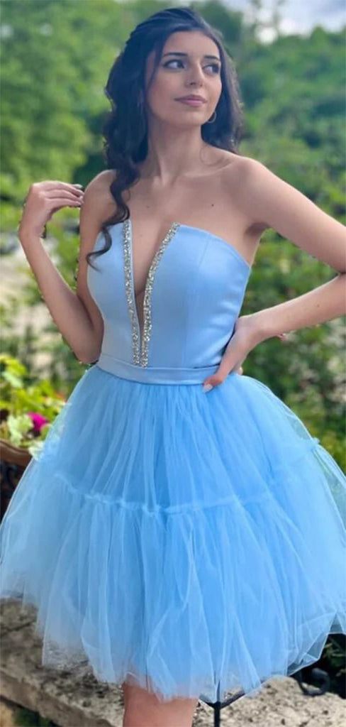 Elegant Blue V-Neck A-line sleeveless Popular Cheap Short Homecoming Dresses, EPT195