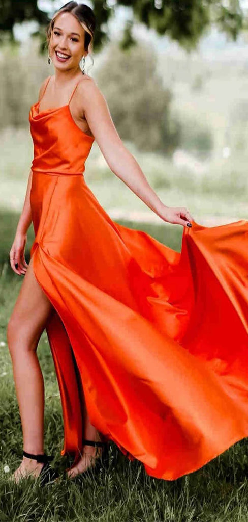 Elegant Orange Spaghetti Strap A-Line Side Slit Party Prom Dresses,Evening Dress Online, WGP806