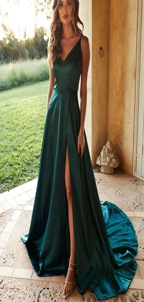 Sexy A-Line Emerald Green V-Neck Spaghetti Straps Side Slit Long Formal Prom Dresses,Evening Gowns,WGP339