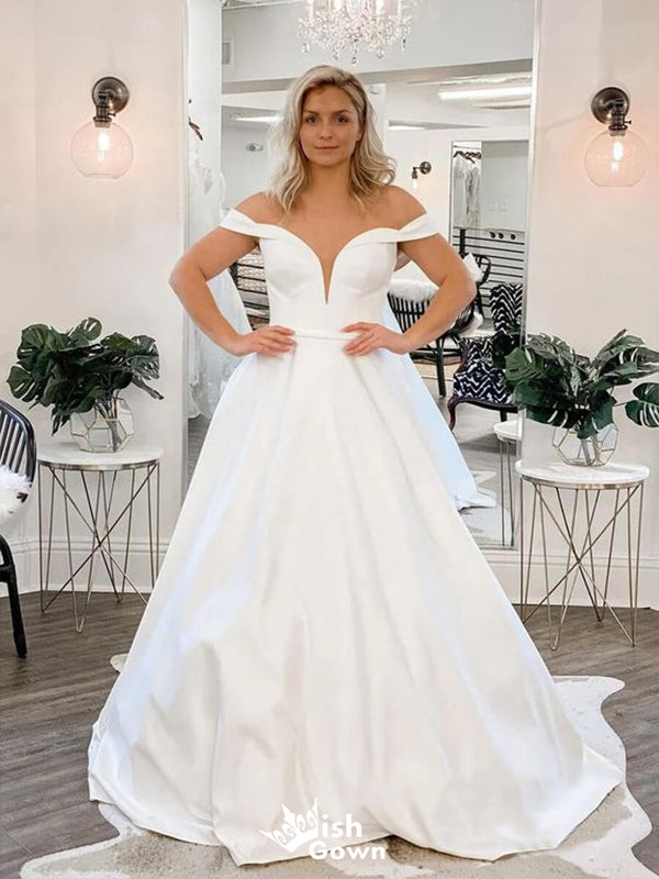 Simple Off Shoulder V Neck With Train Popular Bridal Long Wedding Dresses, WDH117