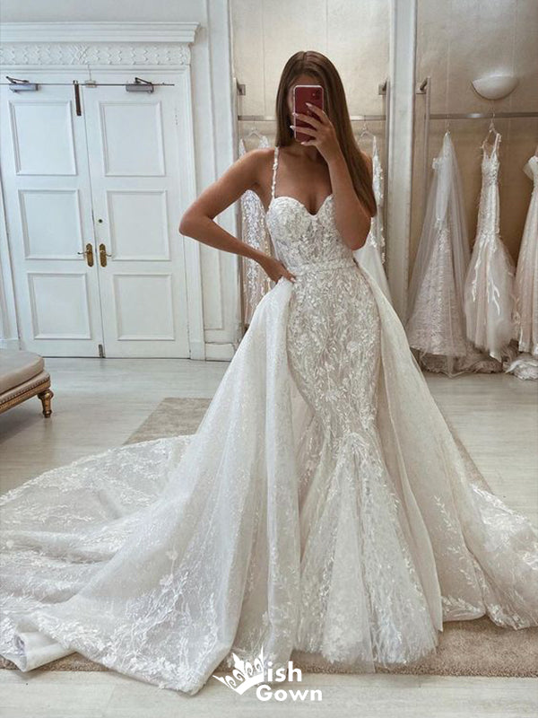 Romantic Mermaid Spaghetti Straps Sweetheart Sleeveless With Trailing Lace Popular Bridal Long Wedding Dresses, WDH136