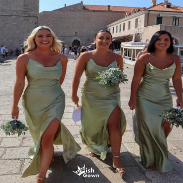 Popular Green Spaghetti Straps Side Slit Sexy Mermaid Cheap Maxi Long Wedding Guest Bridesmaid Dresses,WGM193