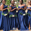 Unique Royal Blue A-Line Off Shoulder Side Slit Cheap Maxi Long Wedding Guest Bridesmaid Dresses,WGM201