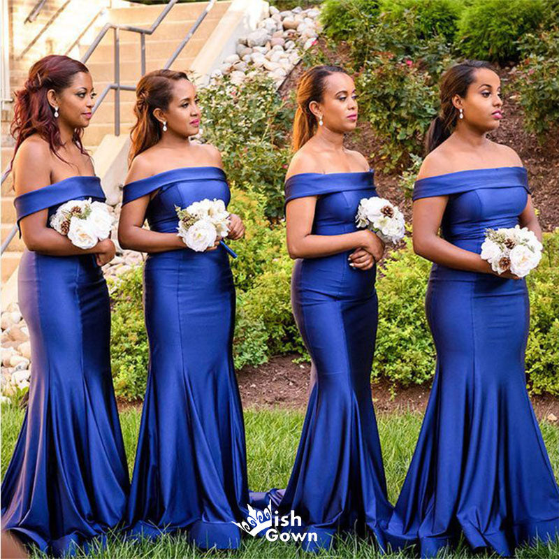 Elegant Blue Mermaid Off Shoulder Popular Cheap Maxi Long Wedding Guest Bridesmaid Dresses,WGM290