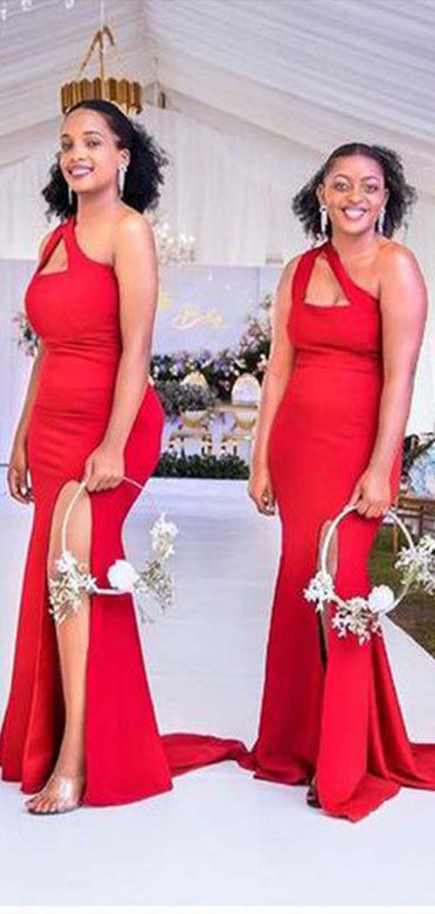 Unique Red Mermaid One Shoulder Sleeveless Side Slit Popular Cheap Maxi Long Wedding Guest Bridesmaid Dresses,WGM337