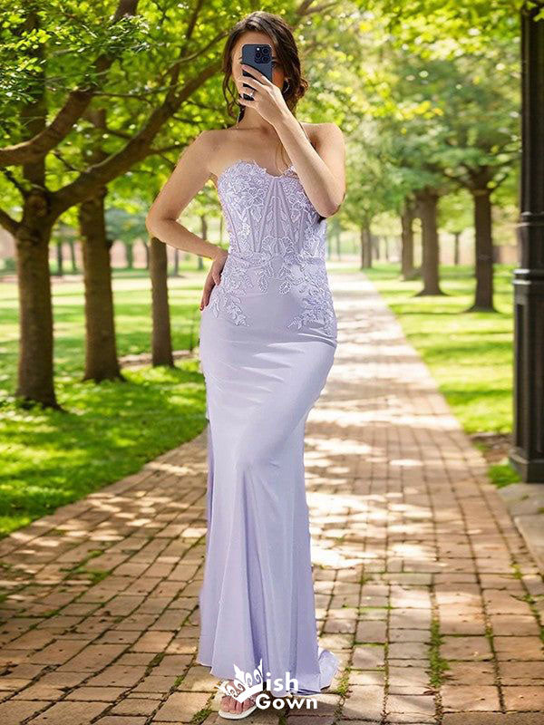 Elegant Lilac Mermaid Strapless Applique With Trailing Maxi Long Party Prom Gowns,Evening Dresses,WGP390