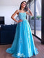 Elegant Light Blue A-Line Spaghetti Straps Applique Lace Maxi Long Party Prom Gowns,Evening Dresses,WGP398