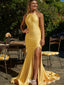 Elegant Gold Mermaid Halter Side Slit Sleeveless Cheap Maxi Long Party Prom Gowns,Evening Dresses,WGP415