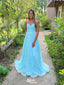 Elegant Blue A-Line Spaghetti Straps V Neck Applique Cheap Maxi Long Party Prom Gowns,Evening Dresses,WGP434