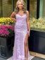 Elegant Light Purple Mermaid Spaghetti Straps Side Slit Applique Sequin Cheap Maxi Long Party Prom Gowns,Evening Dresses,WGP442