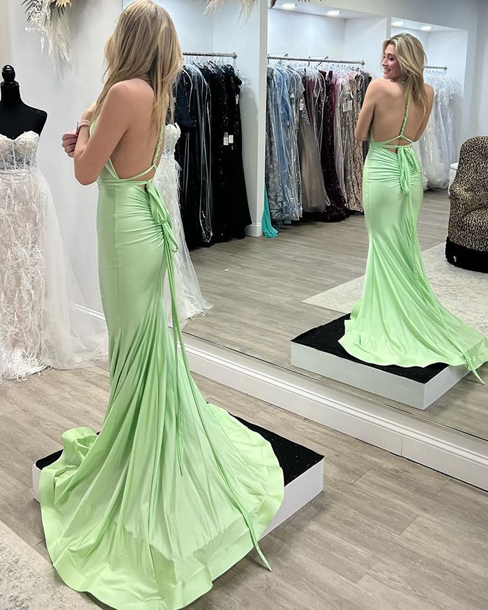 Sexy Fresh Green Mermaid V Neck Sleeveless Lace Up Cheap Maxi Long Party Prom Gowns,Evening Dresses,WGP508